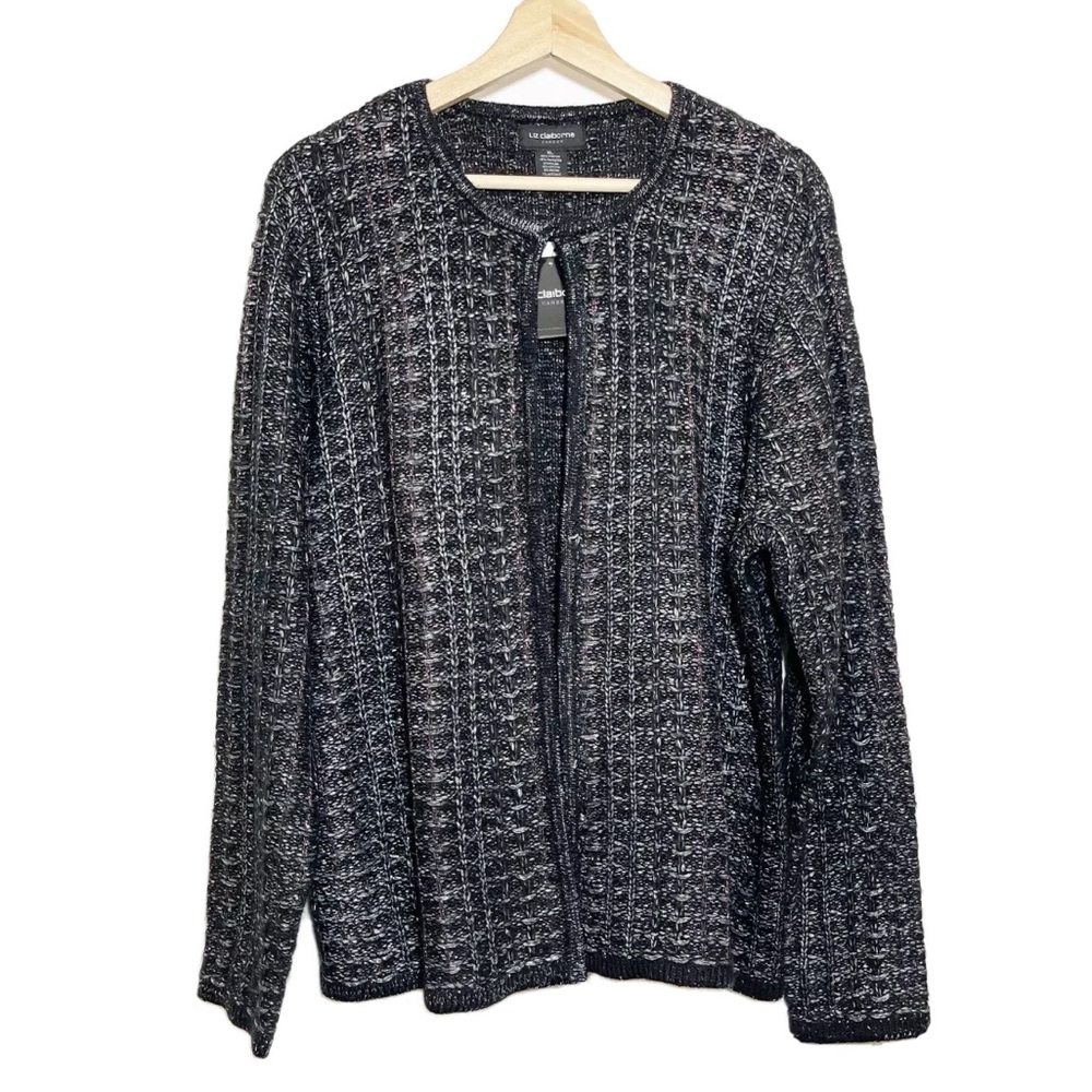NWT Liz Claiborne Metallic Knit Sweater Cardigan Black Silver Sz XL